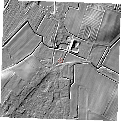 Shaded relief map of the ground around PE245QB, computed from Environment Agency LiDAR. The ground here sits at about 2 m above sea level and falls 7 m across the surrounding 800 m. Surface water reaching this point runs off ground lying to the south-west, 3.3 m higher.
