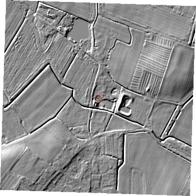 Shaded relief map of the ground around PE245QD, computed from Environment Agency LiDAR. The ground here sits at about 1 m above sea level and falls 6 m across the surrounding 800 m. Surface water reaching this point runs off ground lying to the south-south-west, 3.7 m higher.