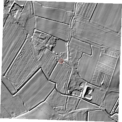 Shaded relief map of the ground around PE245QE, computed from Environment Agency LiDAR. The ground here sits at about 2 m above sea level and falls 6 m across the surrounding 800 m. Surface water reaching this point runs off ground lying to the west-north-west, 1.6 m higher.