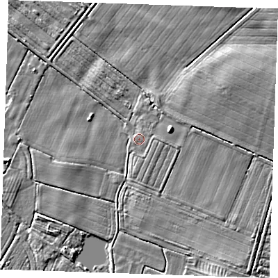 Shaded relief map of the ground around PE245QF, computed from Environment Agency LiDAR. The ground here sits at about 3 m above sea level and falls 5 m across the surrounding 800 m. Surface water reaching this point runs off ground lying to the east, 1.0 m higher.