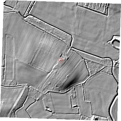 Shaded relief map of the ground around PE245QG, computed from Environment Agency LiDAR. The ground here sits at about 5 m above sea level and falls 6 m across the surrounding 800 m. Surface water reaching this point runs off ground lying to the west-south-west, 0.6 m higher.