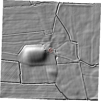 Shaded relief map of the ground around PE245QJ, computed from Environment Agency LiDAR. The ground here sits at about 3 m above sea level and falls 7 m across the surrounding 800 m. Surface water reaching this point runs off ground lying to the west, 4.4 m higher.