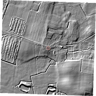 Shaded relief map of the ground around PE245QL, computed from Environment Agency LiDAR. The ground here sits at about 6 m above sea level and falls 6 m across the surrounding 800 m. Surface water reaching this point runs off ground lying to the west-north-west, 0.8 m higher.