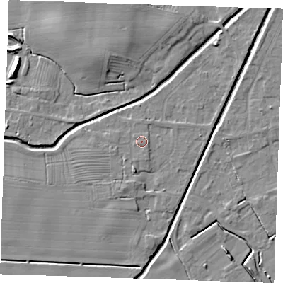 Shaded relief map of the ground around PE245QP, computed from Environment Agency LiDAR. The ground here sits at about 3 m above sea level and falls 7 m across the surrounding 800 m. The ground contributing surface water to this point lies to the east-south-east.