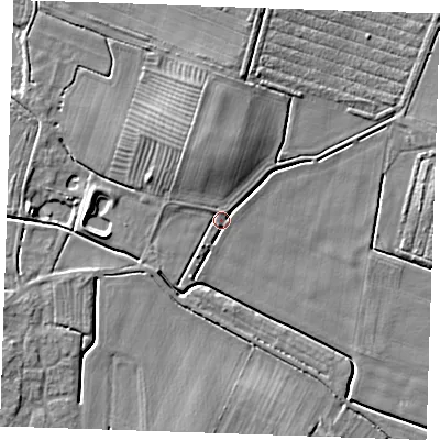 Shaded relief map of the ground around PE245QQ, computed from Environment Agency LiDAR. The ground here sits at about 2 m above sea level and falls 6 m across the surrounding 800 m. Surface water reaching this point runs off ground lying to the north-north-west, 5.7 m higher.