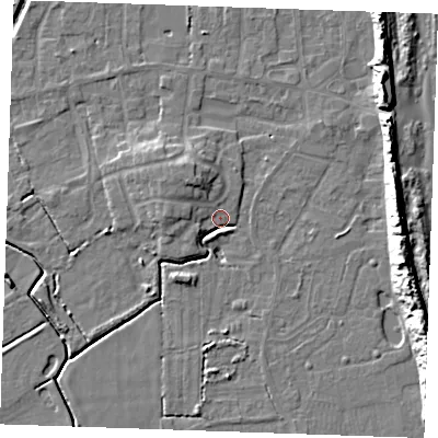 Shaded relief map of the ground around PE245QR, computed from Environment Agency LiDAR. The ground here sits at about 3 m above sea level and falls 14 m across the surrounding 800 m. Surface water reaching this point runs off ground lying to the north-west, 5.2 m higher.