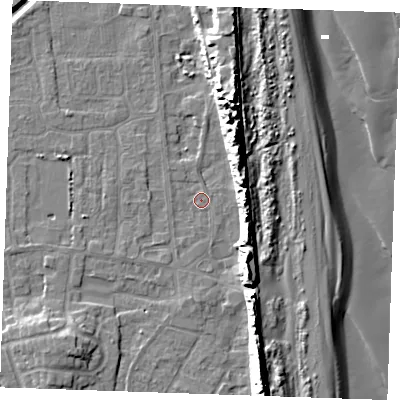 Shaded relief map of the ground around PE245QS, computed from Environment Agency LiDAR. The ground here sits at about 2 m above sea level and falls 16 m across the surrounding 800 m. Surface water reaching this point runs off ground lying to the north-east, 12.0 m higher.