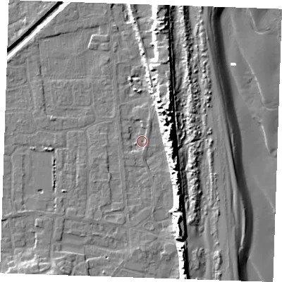 Shaded relief map of the ground around PE245QT, computed from Environment Agency LiDAR. The ground here sits at about 2 m above sea level and falls 16 m across the surrounding 800 m. Surface water reaching this point runs off ground lying to the east-north-east, 12.4 m higher.