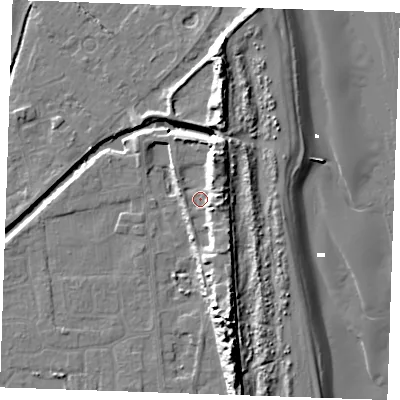 Shaded relief map of the ground around PE245QU, computed from Environment Agency LiDAR. The ground here sits at about 4 m above sea level and falls 16 m across the surrounding 800 m. Surface water reaching this point runs off ground lying to the south-south-east, 6.6 m higher.