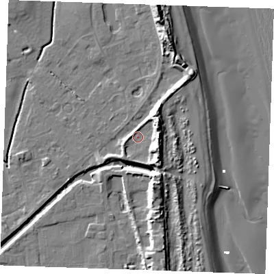 Shaded relief map of the ground around PE245QX, computed from Environment Agency LiDAR. The ground here sits at about 3 m above sea level and falls 15 m across the surrounding 800 m. Surface water reaching this point runs off ground lying to the east-north-east, 8.9 m higher.