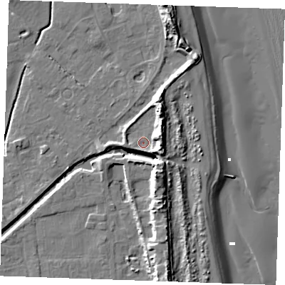 Shaded relief map of the ground around PE245QY, computed from Environment Agency LiDAR. The ground here sits at about 3 m above sea level and falls 14 m across the surrounding 800 m. Surface water reaching this point runs off ground lying to the north-east, 7.2 m higher.