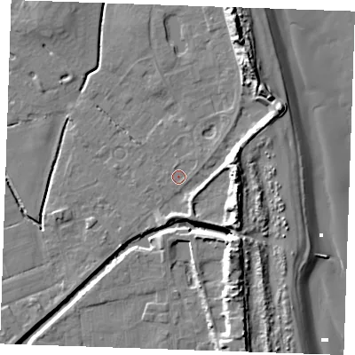 Shaded relief map of the ground around PE245RA, computed from Environment Agency LiDAR. The ground here sits at about 2 m above sea level and falls 15 m across the surrounding 800 m. Surface water reaching this point runs off ground lying to the east-north-east, 0.8 m higher.