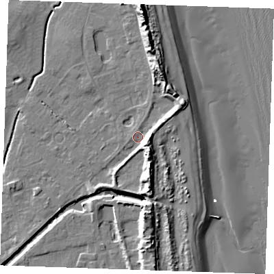 Shaded relief map of the ground around PE245RB, computed from Environment Agency LiDAR. The ground here sits at about 2 m above sea level and falls 16 m across the surrounding 800 m. Surface water reaching this point runs off ground lying to the north-north-east, 9.3 m higher.