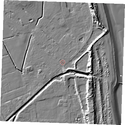 Shaded relief map of the ground around PE245RD, computed from Environment Agency LiDAR. The ground here sits at about 2 m above sea level and falls 15 m across the surrounding 800 m. Surface water reaching this point runs off ground lying to the north-east, 9.5 m higher.