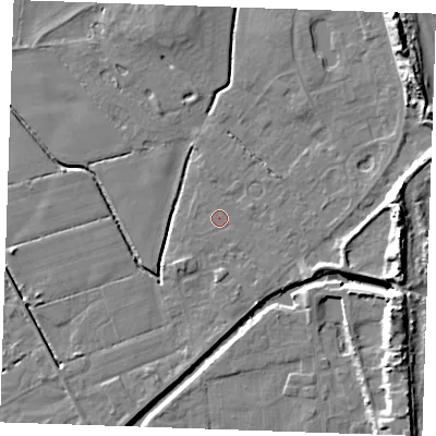 Shaded relief map of the ground around PE245RE, computed from Environment Agency LiDAR. The ground here sits at about 2 m above sea level and falls 14 m across the surrounding 800 m. Surface water reaching this point runs off ground lying to the east-north-east, 9.5 m higher.