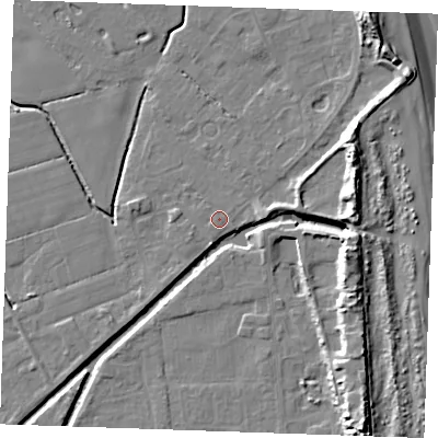Shaded relief map of the ground around PE245RF, computed from Environment Agency LiDAR. The ground here sits at about 2 m above sea level and falls 13 m across the surrounding 800 m. The ground contributing surface water to this point lies to the south-west.