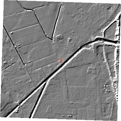 Shaded relief map of the ground around PE245RG, computed from Environment Agency LiDAR. The ground here sits at about 2 m above sea level and falls 12 m across the surrounding 800 m. Surface water reaching this point runs off ground lying to the south-west, 1.4 m higher.