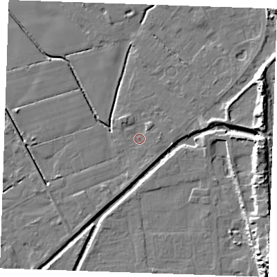 Shaded relief map of the ground around PE245RH, computed from Environment Agency LiDAR. The ground here sits at about 2 m above sea level and falls 13 m across the surrounding 800 m. Surface water reaching this point runs off ground lying to the north-east, 1.4 m higher.