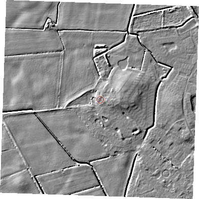 Shaded relief map of the ground around PE245RL, computed from Environment Agency LiDAR. The ground here sits at about 3 m above sea level and falls 6 m across the surrounding 800 m. Surface water reaching this point runs off ground lying to the east, 2.4 m higher.
