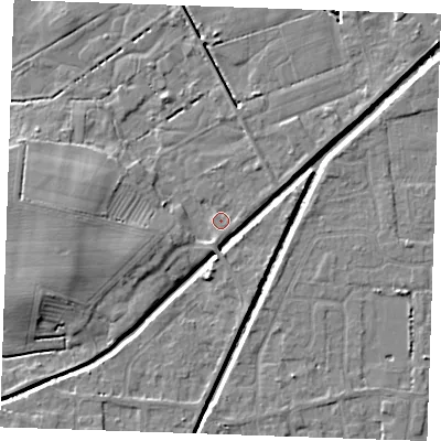 Shaded relief map of the ground around PE245RN, computed from Environment Agency LiDAR. The ground here sits at about 2 m above sea level and falls 7 m across the surrounding 800 m. Surface water reaching this point runs off ground lying to the west-south-west, 3.3 m higher.
