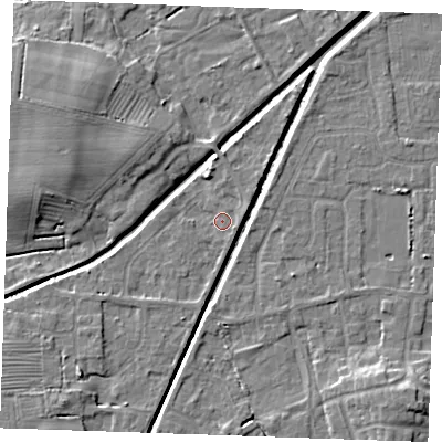 Shaded relief map of the ground around PE245RP, computed from Environment Agency LiDAR. The ground here sits at about 2 m above sea level and falls 7 m across the surrounding 800 m. Surface water reaching this point runs off ground lying to the east-south-east, 1.5 m higher.