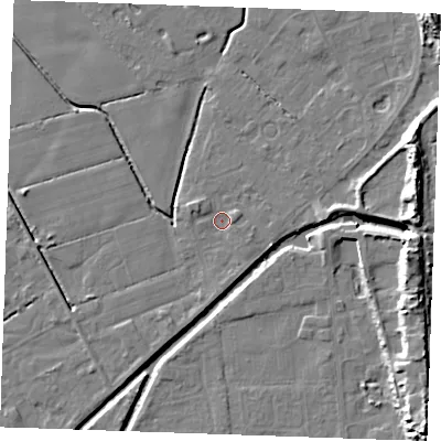 Shaded relief map of the ground around PE245RQ, computed from Environment Agency LiDAR. The ground here sits at about 2 m above sea level and falls 13 m across the surrounding 800 m. Surface water reaching this point runs off ground lying to the east, 1.3 m higher.