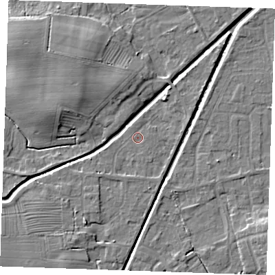 Shaded relief map of the ground around PE245RS, computed from Environment Agency LiDAR. The ground here sits at about 2 m above sea level and falls 7 m across the surrounding 800 m. Surface water reaching this point runs off ground lying to the south-west, 0.9 m higher.