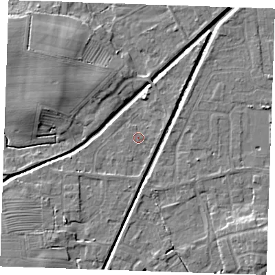 Shaded relief map of the ground around PE245RT, computed from Environment Agency LiDAR. The ground here sits at about 2 m above sea level and falls 7 m across the surrounding 800 m. Surface water reaching this point runs off ground lying to the east, 1.0 m higher.