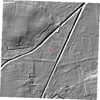 Shaded relief map of the ground around PE245RU, computed from Environment Agency LiDAR. The ground here sits at about 2 m above sea level and falls 7 m across the surrounding 800 m. The ground contributing surface water to this point lies to the south-south-east.