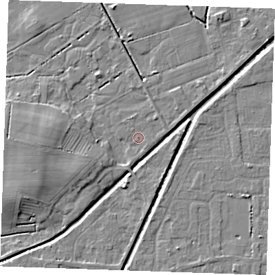 Shaded relief map of the ground around PE245RW, computed from Environment Agency LiDAR. The ground here sits at about 2 m above sea level and falls 7 m across the surrounding 800 m. Surface water reaching this point runs off ground lying to the west-south-west, 3.3 m higher.