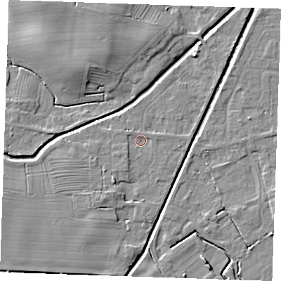 Shaded relief map of the ground around PE245RX, computed from Environment Agency LiDAR. The ground here sits at about 2 m above sea level and falls 7 m across the surrounding 800 m. Surface water reaching this point runs off ground lying to the south-west, 1.3 m higher.