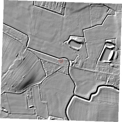 Shaded relief map of the ground around PE245RZ, computed from Environment Agency LiDAR. The ground here sits at about 2 m above sea level and falls 7 m across the surrounding 800 m. Surface water reaching this point runs off ground lying to the west, 2.5 m higher.