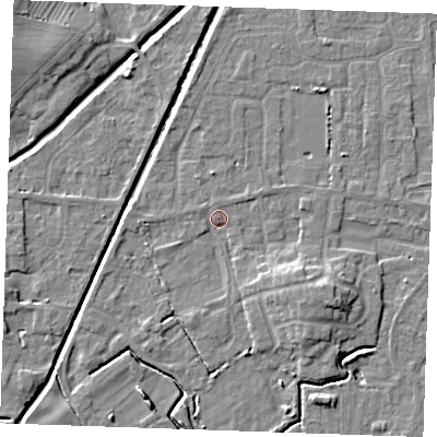 Shaded relief map of the ground around PE245SA, computed from Environment Agency LiDAR. The ground here sits at about 3 m above sea level and falls 6 m across the surrounding 800 m. Surface water reaching this point runs off ground lying to the north-west, 1.2 m higher.