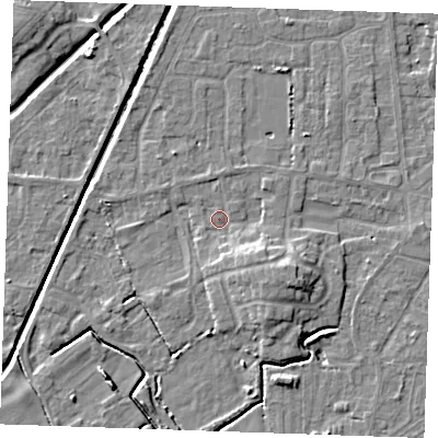 Shaded relief map of the ground around PE245SB, computed from Environment Agency LiDAR. The ground here sits at about 2 m above sea level and falls 6 m across the surrounding 800 m. Surface water reaching this point runs off ground lying to the south-east, 3.7 m higher.