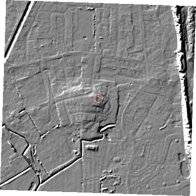 Shaded relief map of the ground around PE245SE, computed from Environment Agency LiDAR. The ground here sits at about 5 m above sea level and falls 14 m across the surrounding 800 m. Surface water reaching this point runs off ground lying to the south-west, 2.3 m higher.