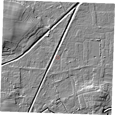 Shaded relief map of the ground around PE245SF, computed from Environment Agency LiDAR. The ground here sits at about 2 m above sea level and falls 7 m across the surrounding 800 m. Surface water reaching this point runs off ground lying to the east-south-east, 1.2 m higher.
