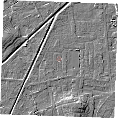 Shaded relief map of the ground around PE245SG, computed from Environment Agency LiDAR. The ground here sits at about 2 m above sea level and falls 6 m across the surrounding 800 m. Surface water reaching this point runs off ground lying to the east-south-east, 1.5 m higher.