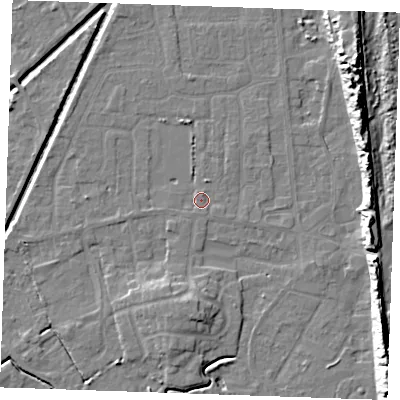 Shaded relief map of the ground around PE245SH, computed from Environment Agency LiDAR. The ground here sits at about 2 m above sea level and falls 14 m across the surrounding 800 m. Surface water reaching this point runs off ground lying to the north-north-east, 1.2 m higher.