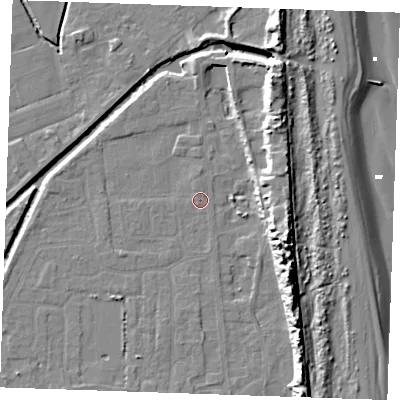 Shaded relief map of the ground around PE245SN, computed from Environment Agency LiDAR. The ground here sits at about 2 m above sea level and falls 15 m across the surrounding 800 m. Surface water reaching this point runs off ground lying to the north, 2.7 m higher.