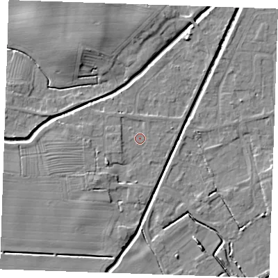 Shaded relief map of the ground around PE245SQ, computed from Environment Agency LiDAR. The ground here sits at about 2 m above sea level and falls 7 m across the surrounding 800 m. Surface water reaching this point runs off ground lying to the south-west, 2.7 m higher.