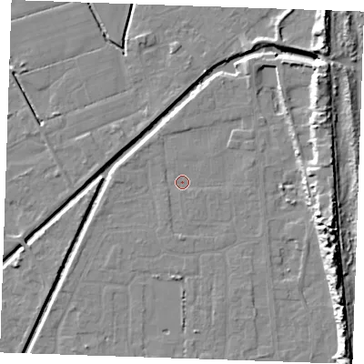 Shaded relief map of the ground around PE245SS, computed from Environment Agency LiDAR. The ground here sits at about 2 m above sea level and falls 15 m across the surrounding 800 m. Surface water reaching this point runs off ground lying to the south-west, 1.3 m higher.