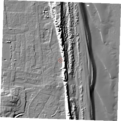 Shaded relief map of the ground around PE245TA, computed from Environment Agency LiDAR. The ground here sits at about 2 m above sea level and falls 16 m across the surrounding 800 m. Surface water reaching this point runs off ground lying to the north-north-east, 9.3 m higher.