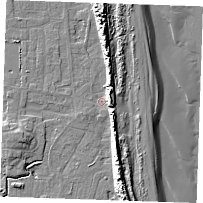 Shaded relief map of the ground around PE245TB, computed from Environment Agency LiDAR. The ground here sits at about 2 m above sea level and falls 16 m across the surrounding 800 m. Surface water reaching this point runs off ground lying to the east, 8.8 m higher.