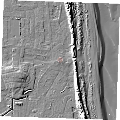 Shaded relief map of the ground around PE245TD, computed from Environment Agency LiDAR. The ground here sits at about 3 m above sea level and falls 16 m across the surrounding 800 m. Surface water reaching this point runs off ground lying to the south-south-west, 0.6 m higher.