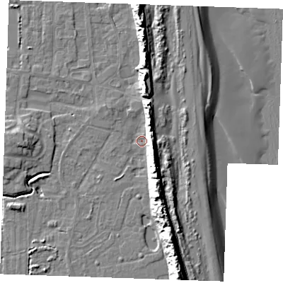 Shaded relief map of the ground around PE245TE, computed from Environment Agency LiDAR. The ground here sits at about 2 m above sea level and falls 17 m across the surrounding 800 m. Surface water reaching this point runs off ground lying to the east-south-east, 10.8 m higher.