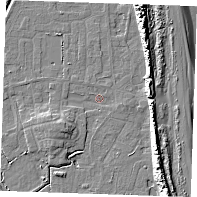 Shaded relief map of the ground around PE245TF, computed from Environment Agency LiDAR. The ground here sits at about 2 m above sea level and falls 15 m across the surrounding 800 m. Surface water reaching this point runs off ground lying to the south-west, 4.8 m higher.