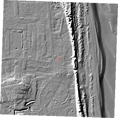 Shaded relief map of the ground around PE245TG, computed from Environment Agency LiDAR. The ground here sits at about 2 m above sea level and falls 16 m across the surrounding 800 m. The ground contributing surface water to this point lies to the west-north-west.