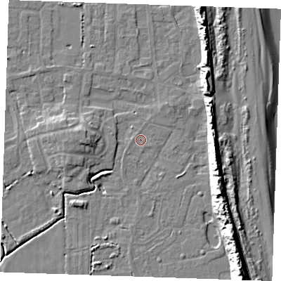 Shaded relief map of the ground around PE245TH, computed from Environment Agency LiDAR. The ground here sits at about 2 m above sea level and falls 16 m across the surrounding 800 m. Surface water reaching this point runs off ground lying to the east-south-east, 0.8 m higher.