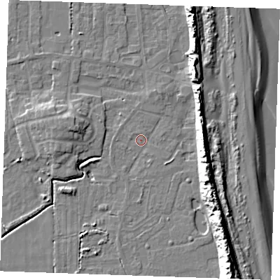 Shaded relief map of the ground around PE245TJ, computed from Environment Agency LiDAR. The ground here sits at about 2 m above sea level and falls 16 m across the surrounding 800 m. Surface water reaching this point runs off ground lying to the south-east, 1.5 m higher.