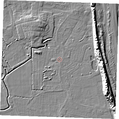 Shaded relief map of the ground around PE245TL, computed from Environment Agency LiDAR. The ground here sits at about 2 m above sea level and falls 16 m across the surrounding 800 m. The ground contributing surface water to this point lies to the east-south-east.